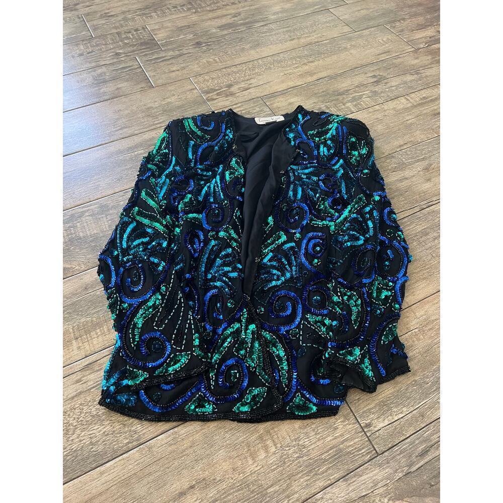 Vintage Laurence Kazar Women's Black Green Peacock Sequins Jacket Size Medium